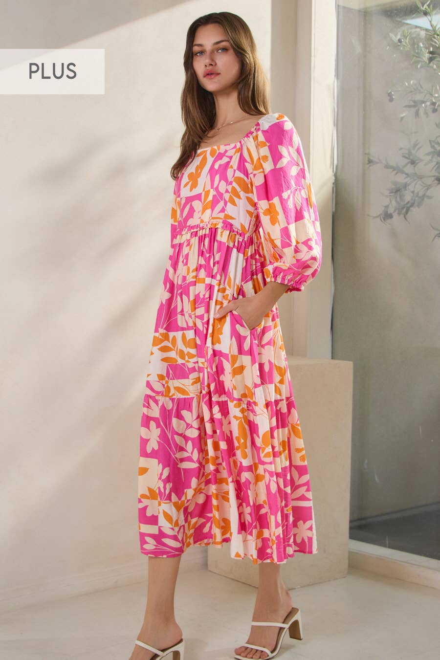 Plus Geo Floral Printed Tired Midi Dress