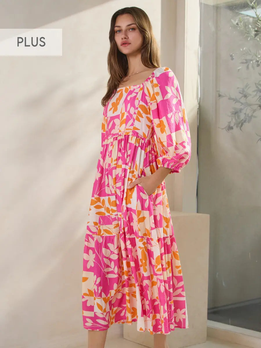 Plus size Geo Floral Printed Tired Midi Dress