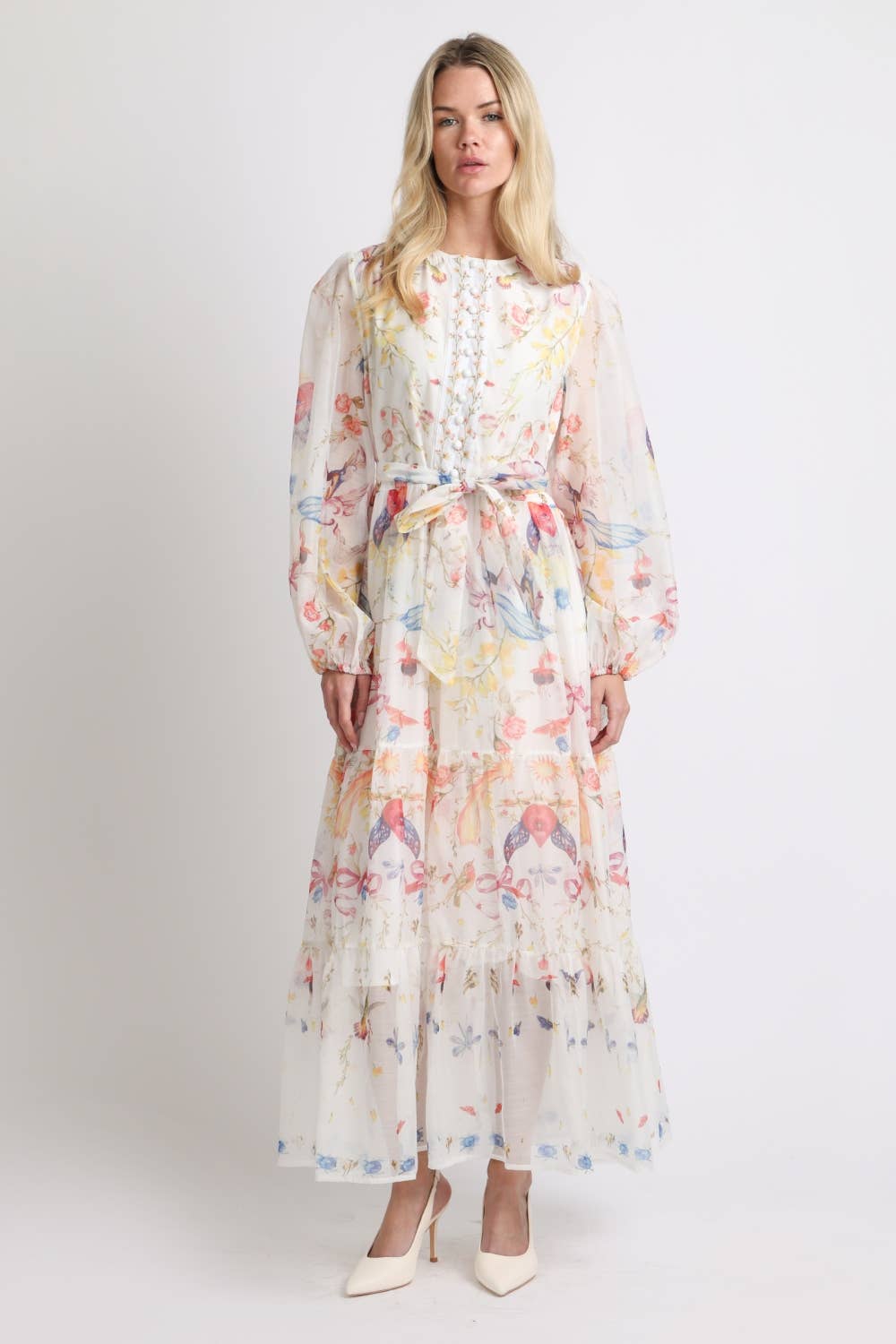 Multicolor Print Sheer Maxi Puff Dress