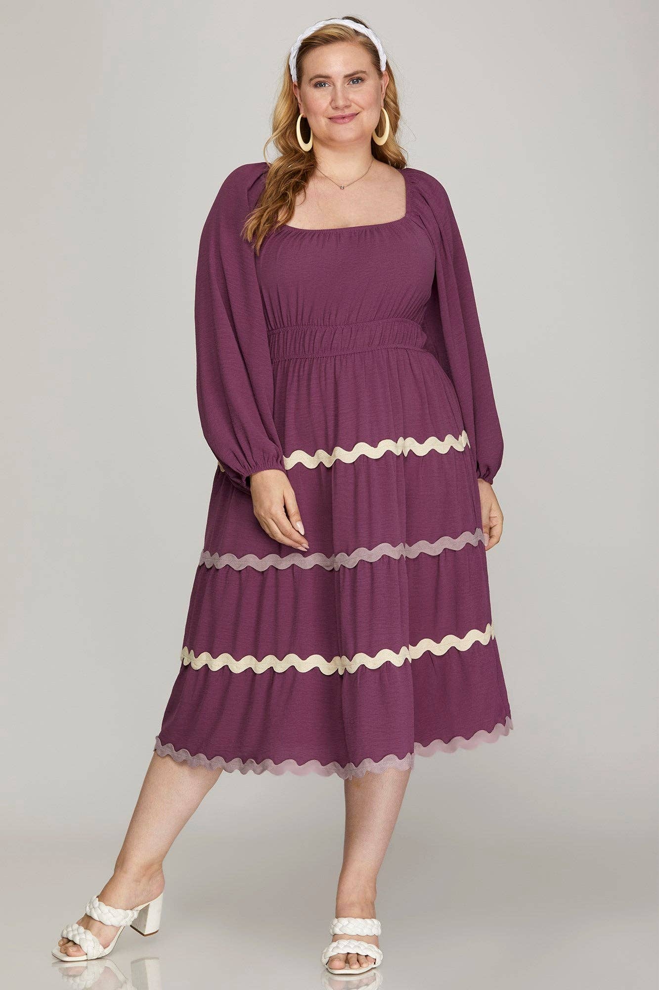 PLUS - LONG SLEEVE WOVEN TIERED RIC RAC TRIM DRESS-SKPSY7180