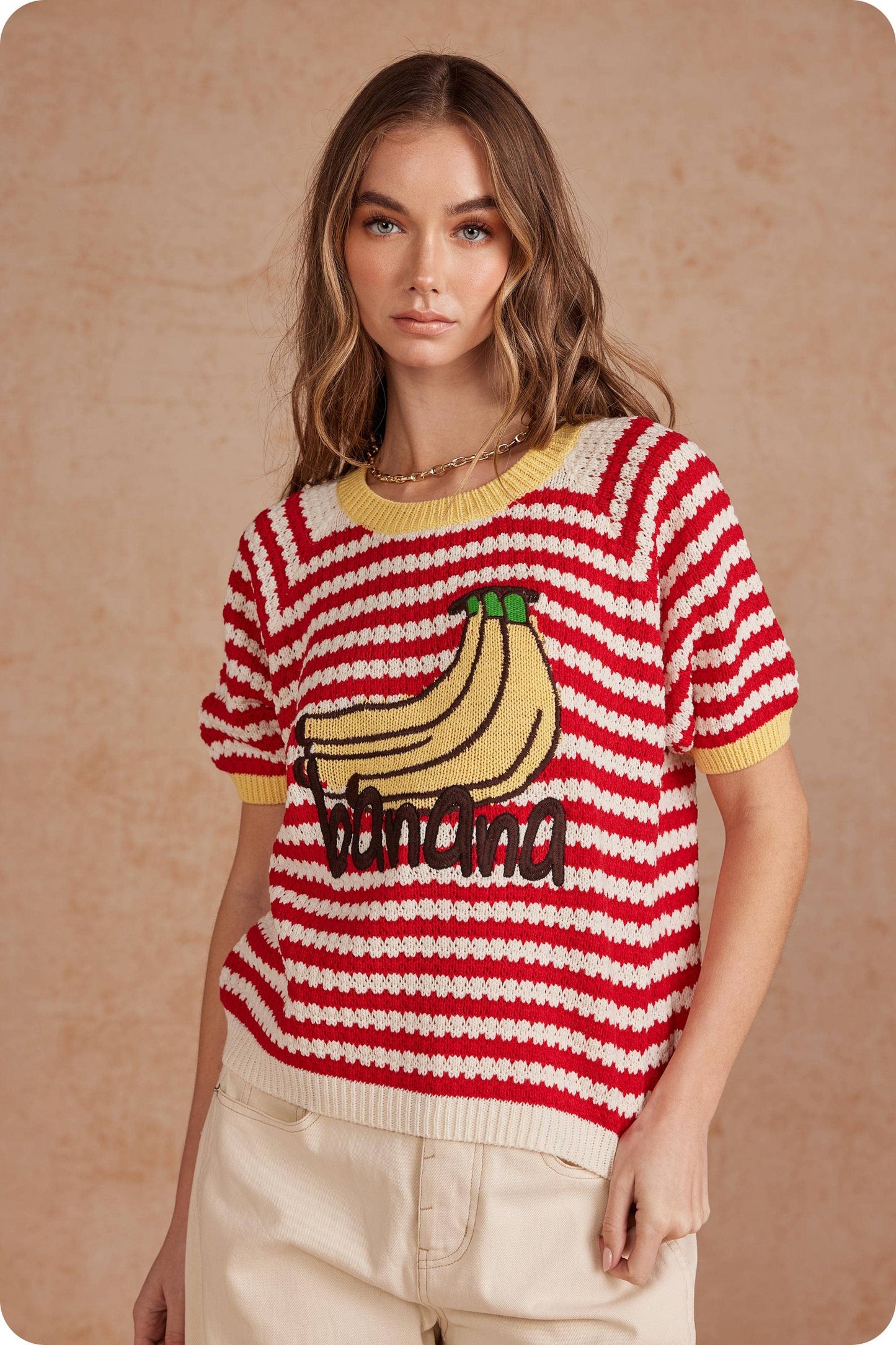 Playful Striped Banana Graphic Short Sleeve Sweater Top