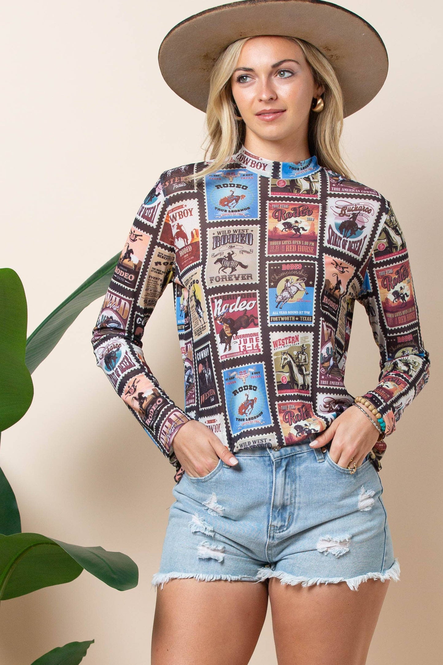 AV1230-EMELIE VINTAGE WESTERN PRINT MESH TOP