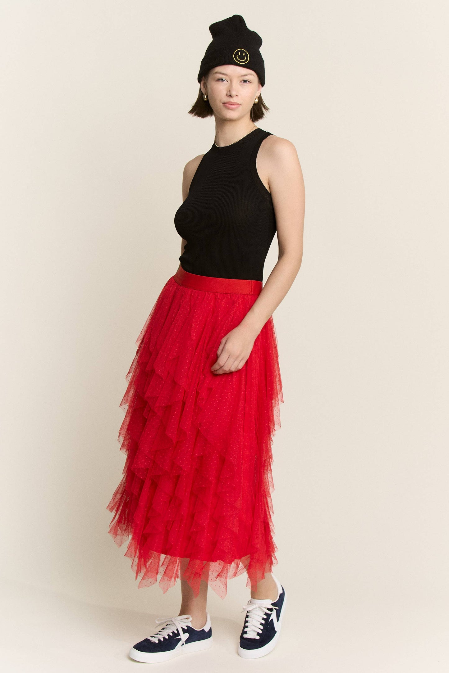 Layered Polka Dot Mesh Lined A-Line Midi Skirt JJB6007