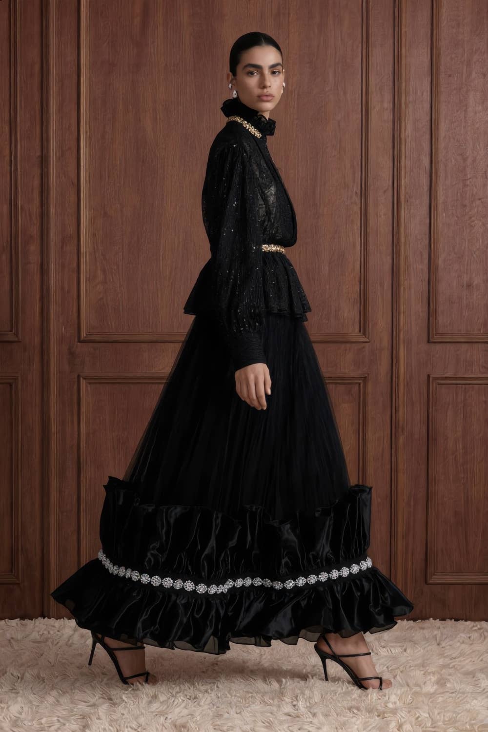 Embellished Ruffle Collar Organza Blouse