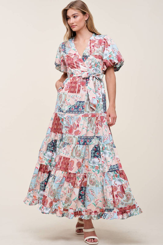 PRINTED V NECK DRESS WITH SELF TIE BOW