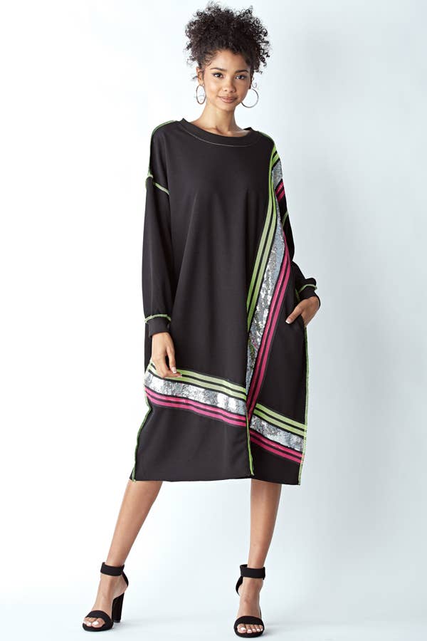 OVERFITTING DRESS WITH SEQUIN AND MESH DETAIL