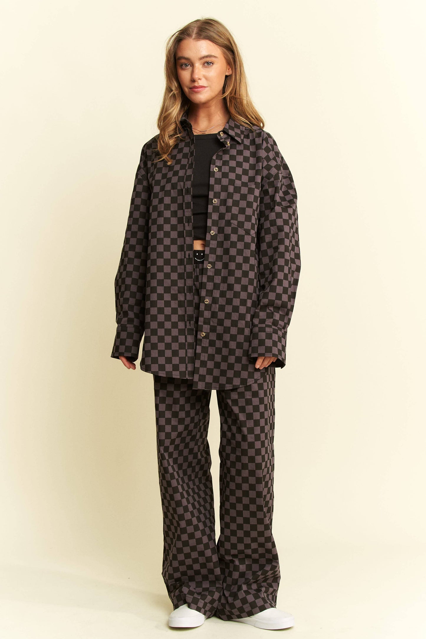 PLUS SIZE COLLARED LONG SLV CHECKERD BUTTON DOWN SHIRT