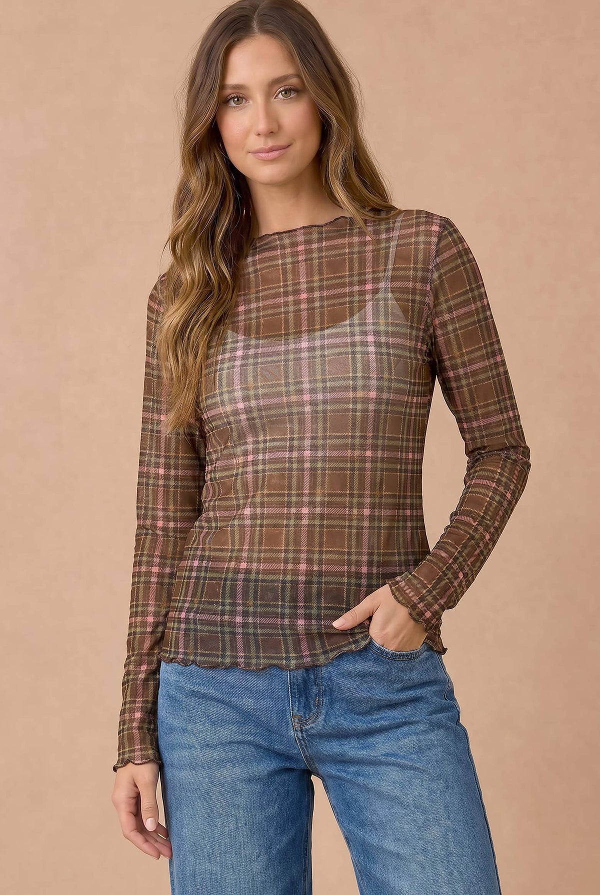 Plus Plaid Mesh Sheer Top