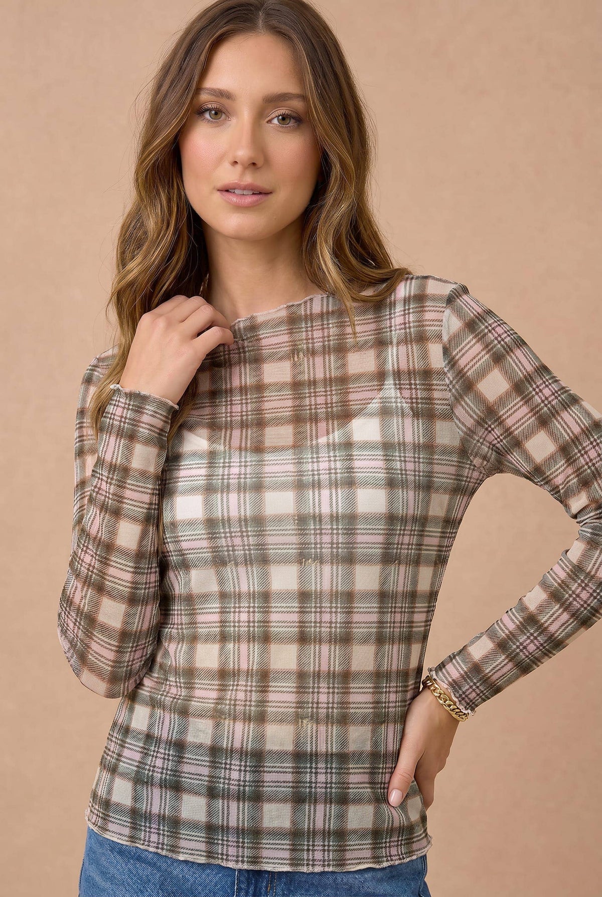 Plus Plaid Mesh Sheer Top