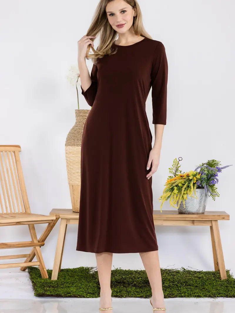 3/4 SLEEVE LAYERING DRESS> BROWN