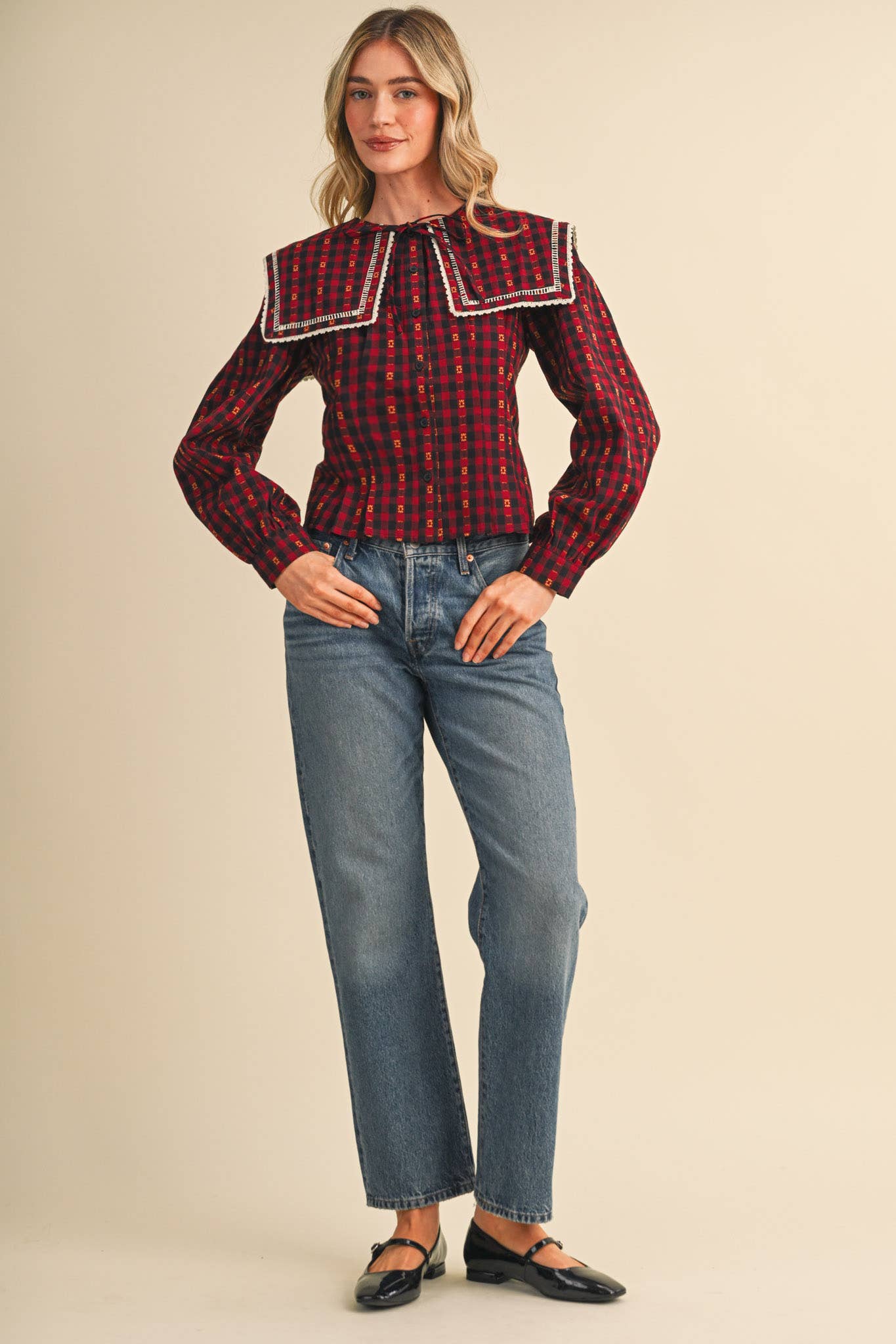 GINGHAM PILGRIM COLLAR BUTTON UP TOP MTP5151