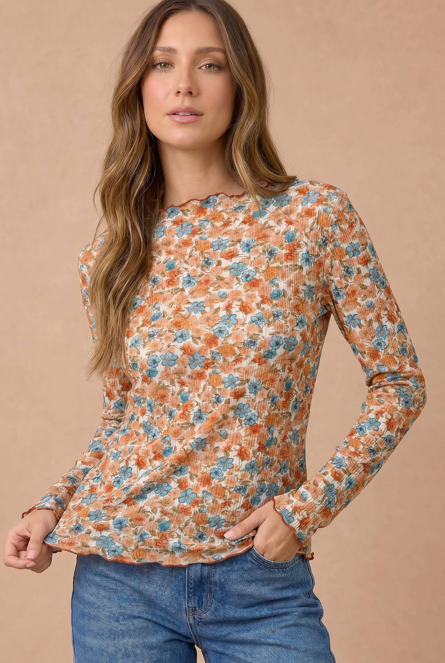Plus Mock Neck Frilled Floral Print Rib Knit Top