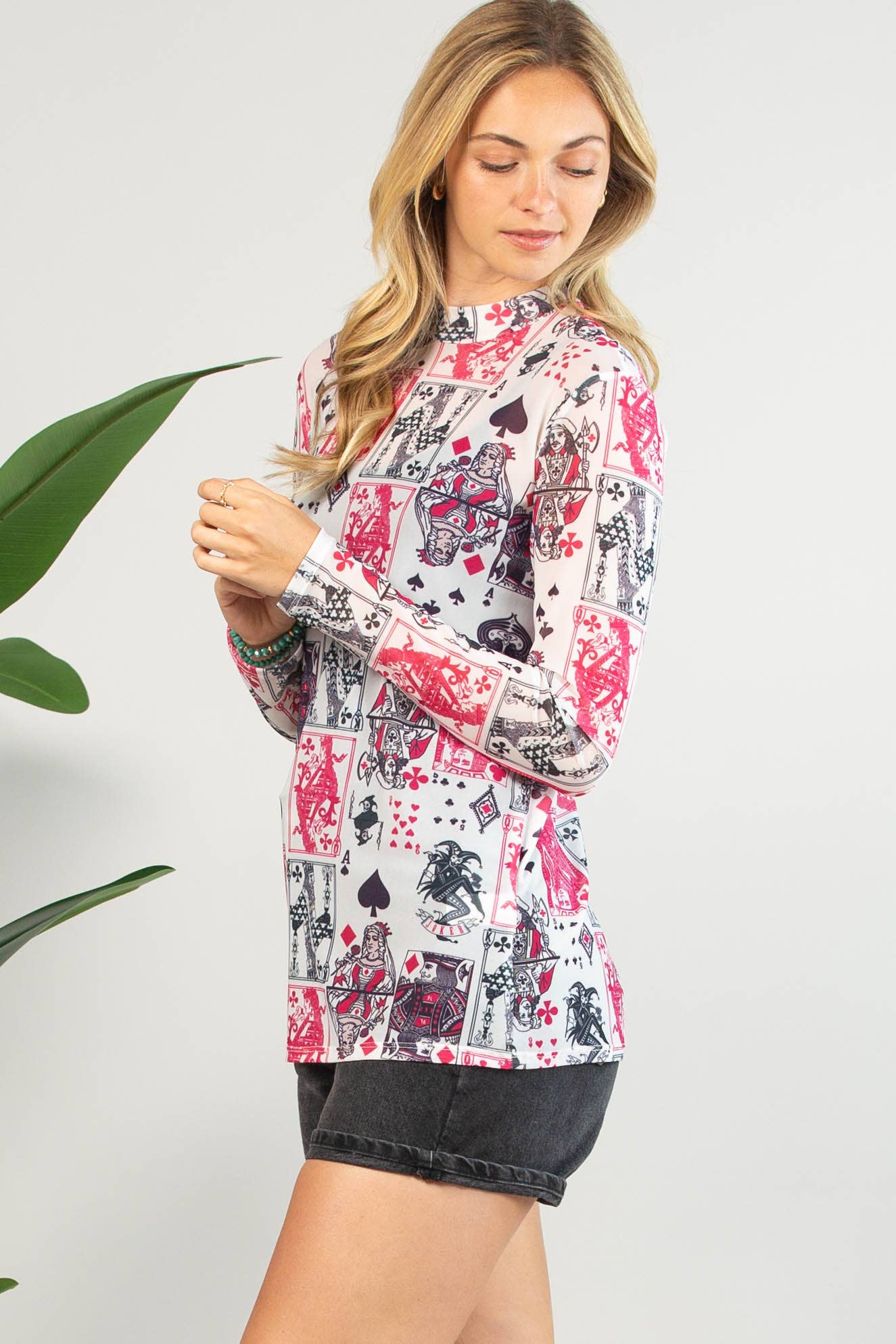 AV1230-ELLEN PLAYING CARDS PRINT SEMI SHEER MESH TOP