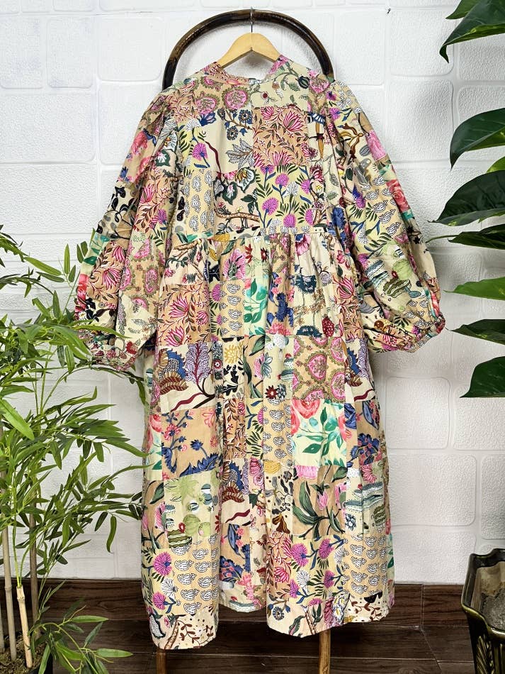 BEIGE SHADES - Hand Patchwork Cotton Dress OneSize