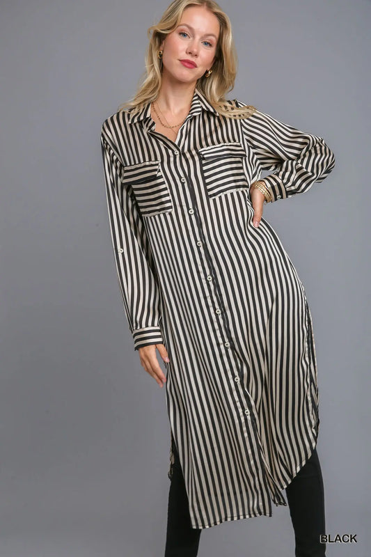 Striped Long Sleeve Button Down Midi Dress with Chest Pockets & Side Slit