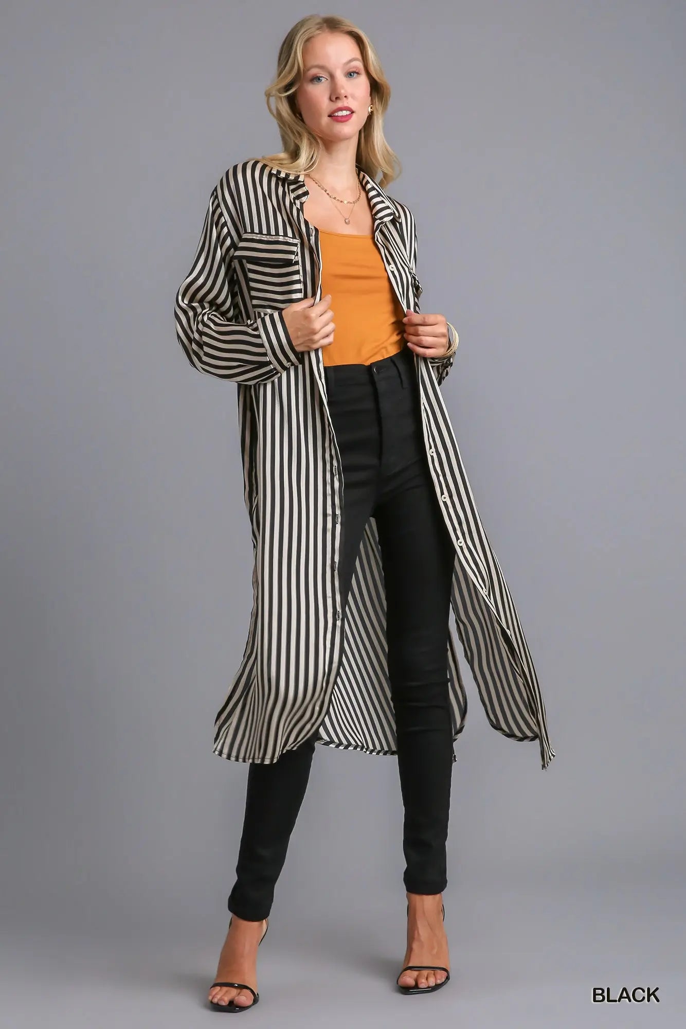 Striped Long Sleeve Button Down Midi Dress with Chest Pockets & Side Slit