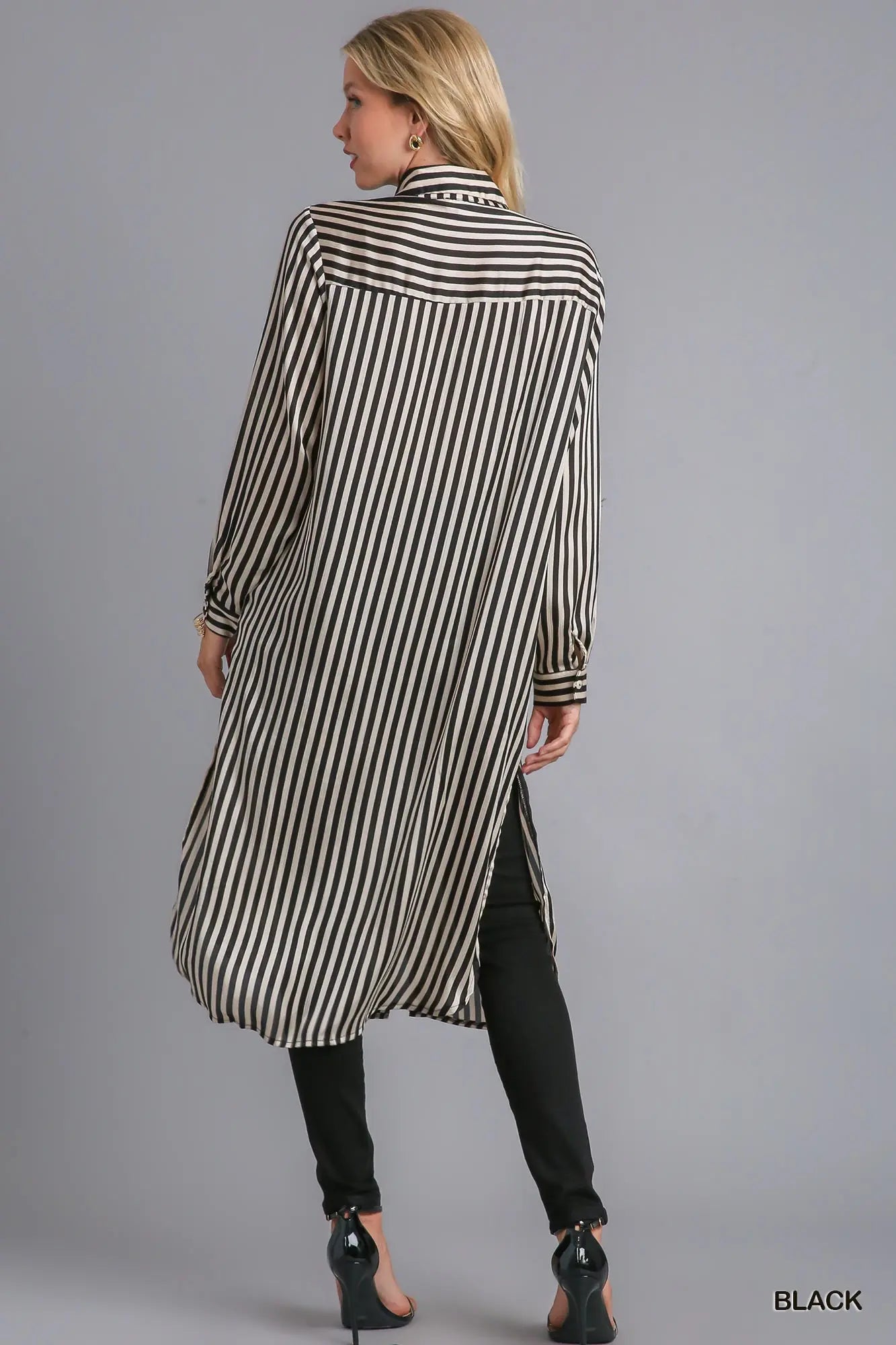 Striped Long Sleeve Button Down Midi Dress with Chest Pockets & Side Slit
