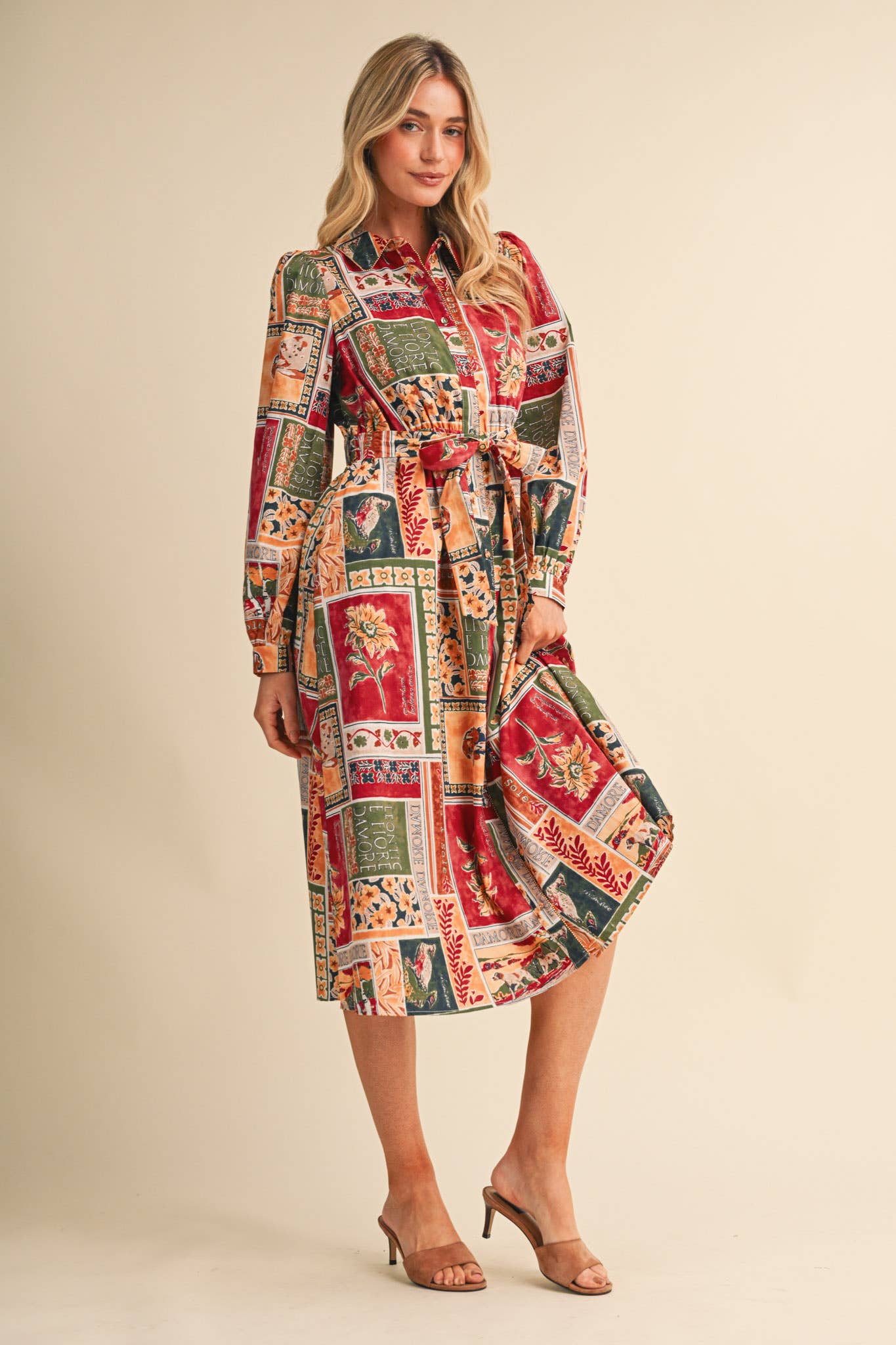 PATCHWORK PRT EMBELLISHED BUTTON DWN BELTED MIDI DRS MDR5359
