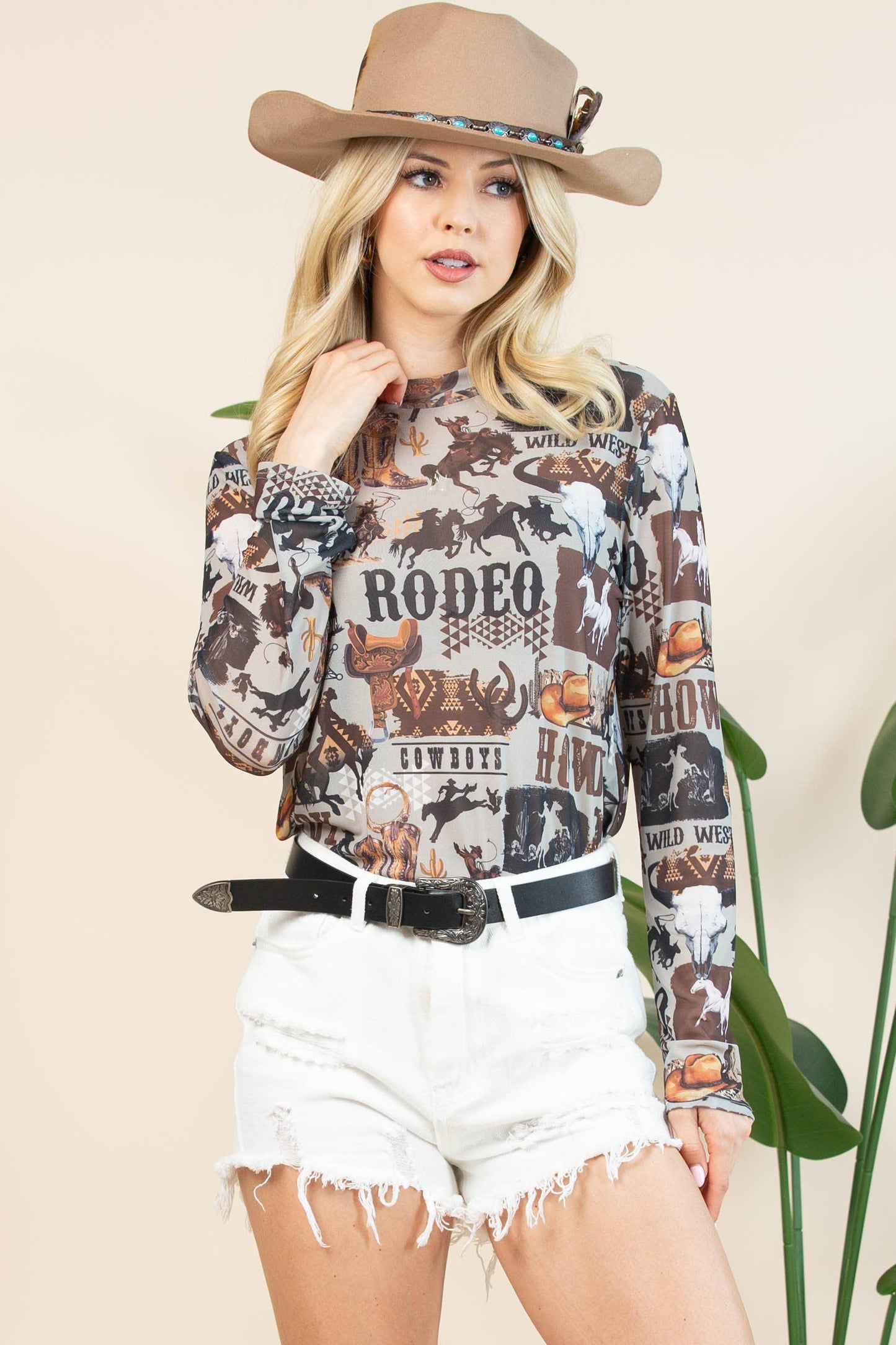 AV1230-AUBREY-6169 WESTERN RODEO SEMI SHEER MESH TOP