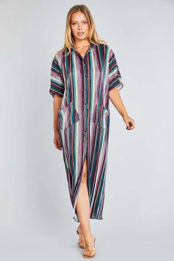 PLEATED METALLIC SOFT DRESS WITH POCKETS