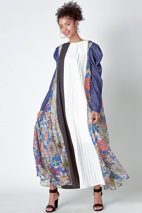 MIXED MATERIAL DRESS WITH PUFFED DENIM SLEEVES