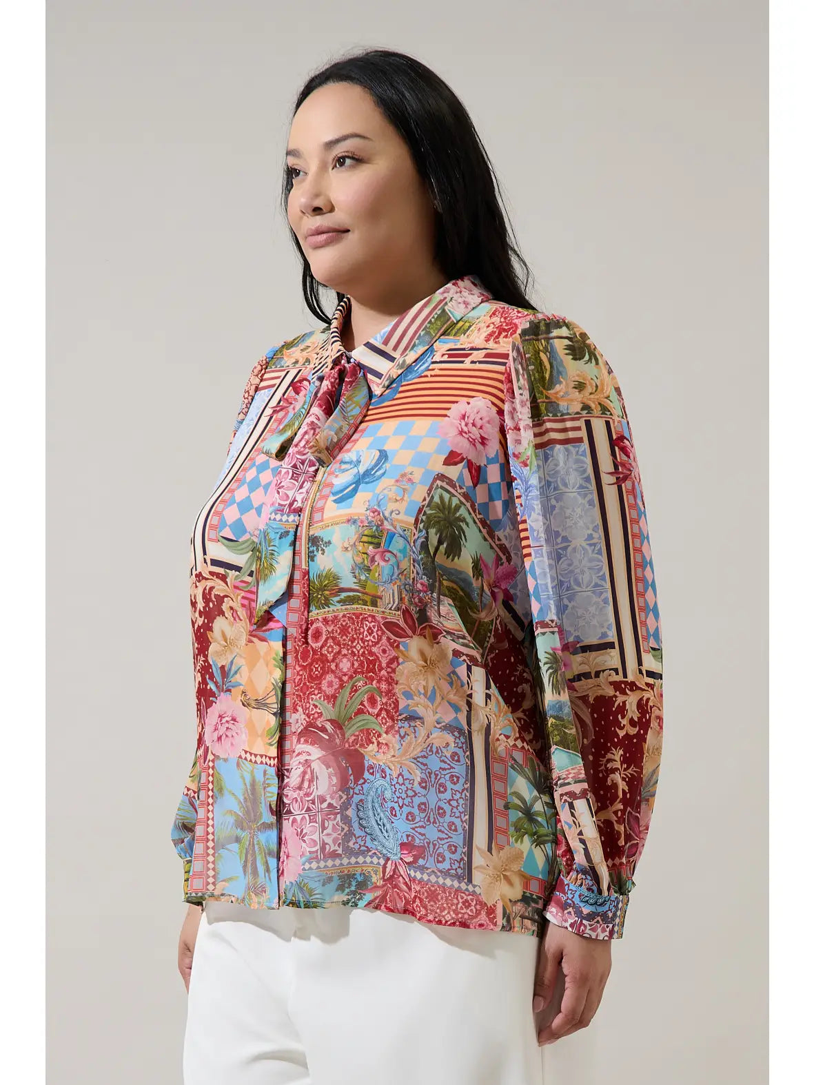 Melani Tropical Matra Long Sleeve Collared Blouse Curve