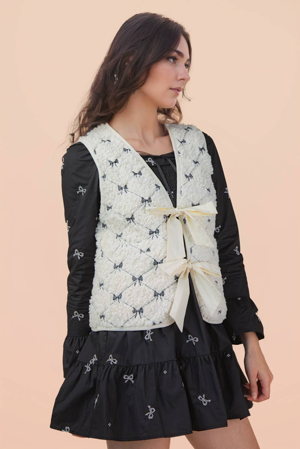Bow Printed Sherpa Quilt Casual Vest