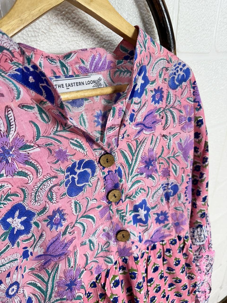 Pink 3 Layer Maxi Dress Pure Cotton Hand Block Print OneSize