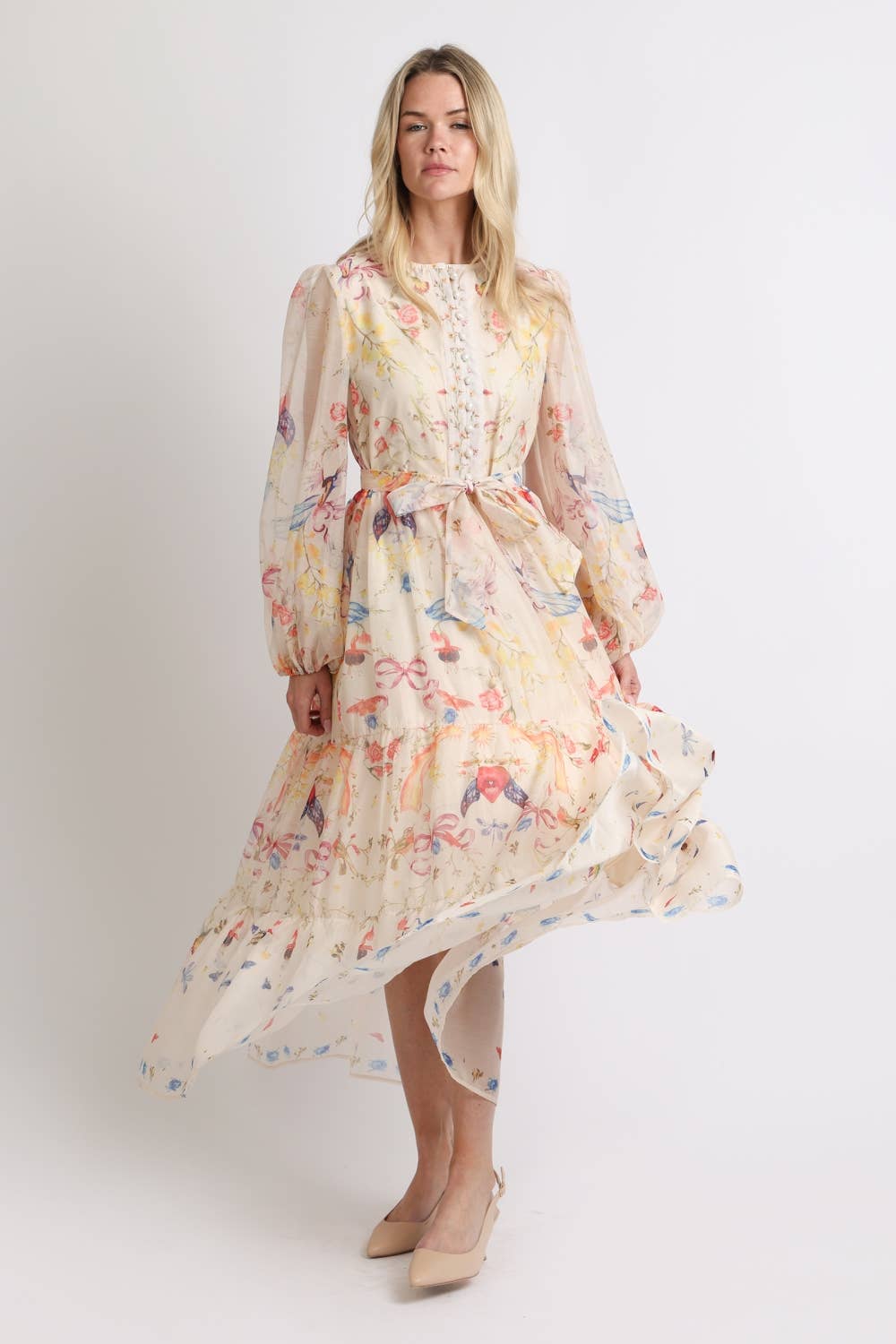 Multicolor Print Sheer Maxi Puff Dress