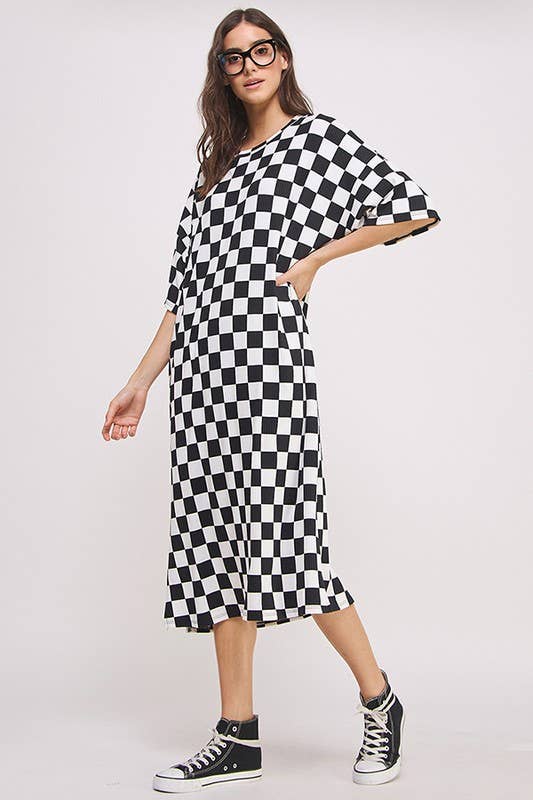 1/2 SLEEVE RIBBED CHECKERBOARD MIDI DRESS