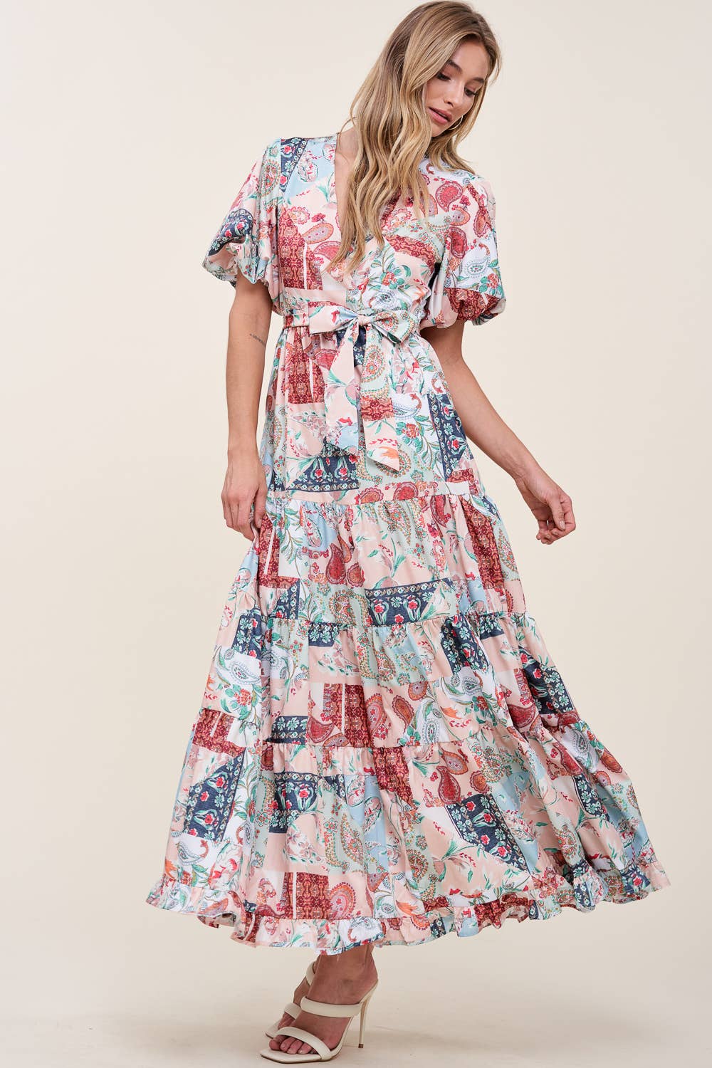 PRINTED V NECK DRESS WITH SELF TIE BOW