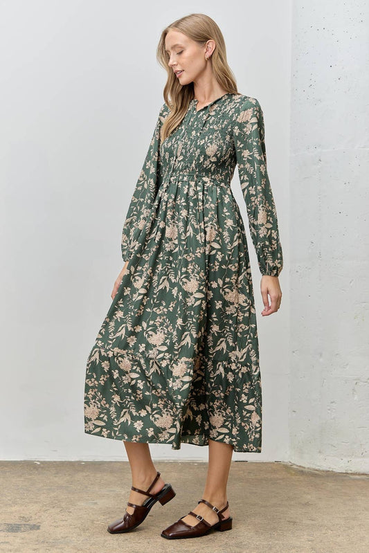 (PLUS) FLORAL PRINT SMOCKED MAXI DRESS