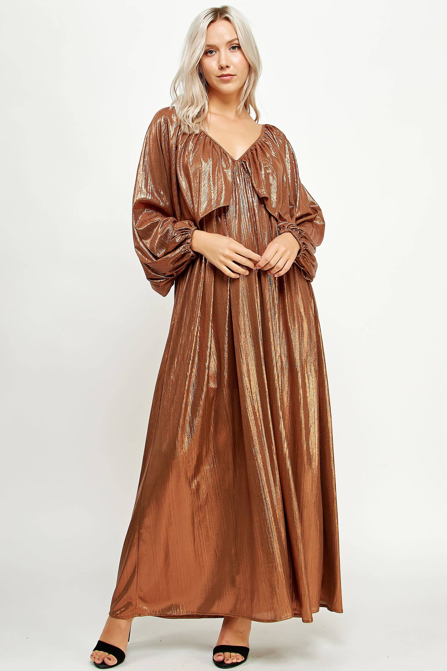 Shirred Metallic Maxi Dress