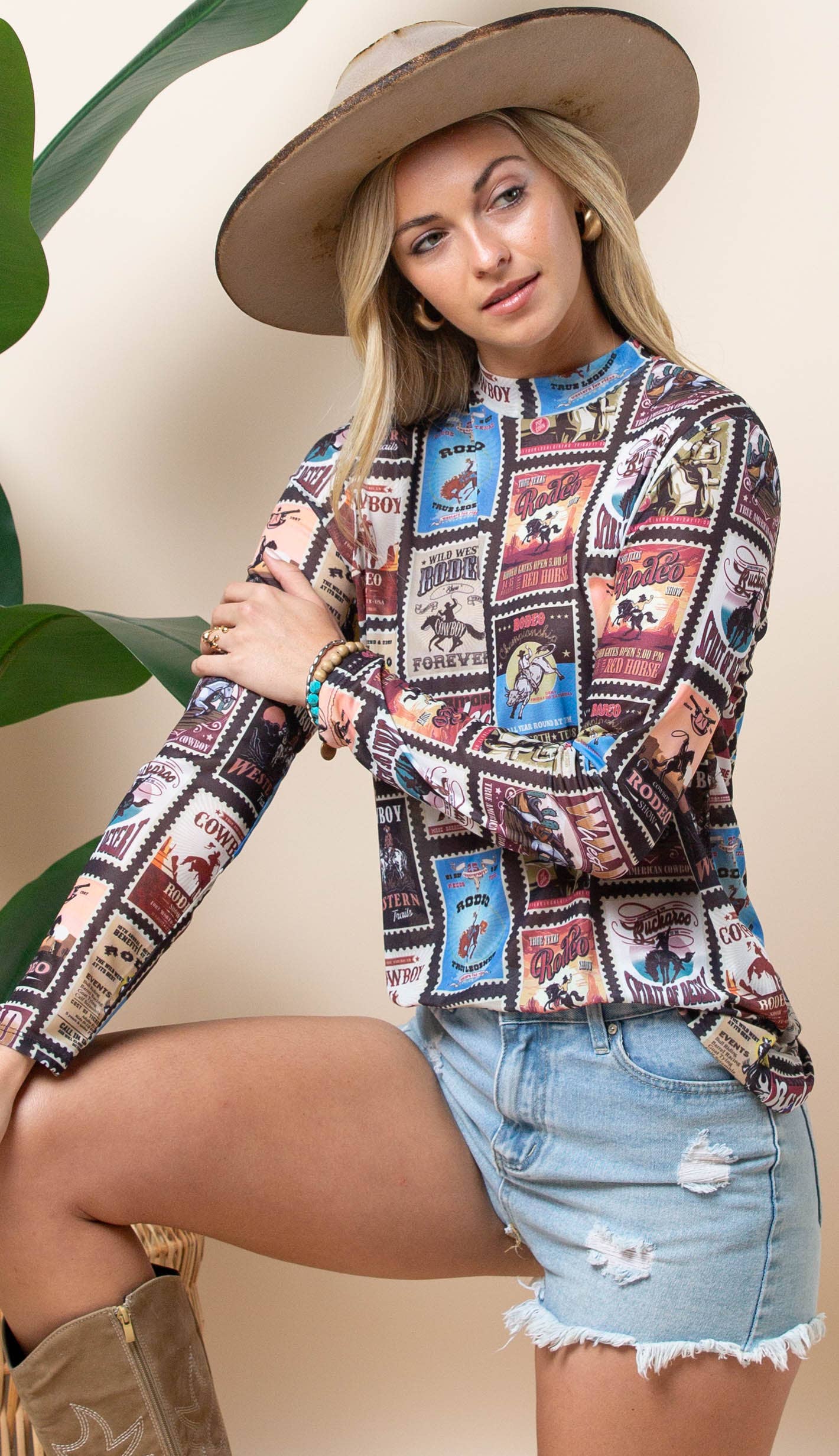 AV1230-EMELIE VINTAGE WESTERN PRINT MESH TOP
