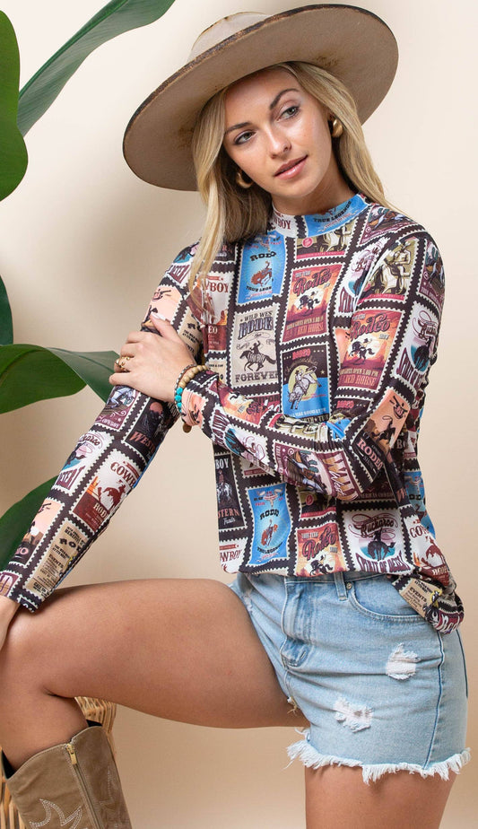 AV1230-EMELIE VINTAGE WESTERN PRINT MESH TOP