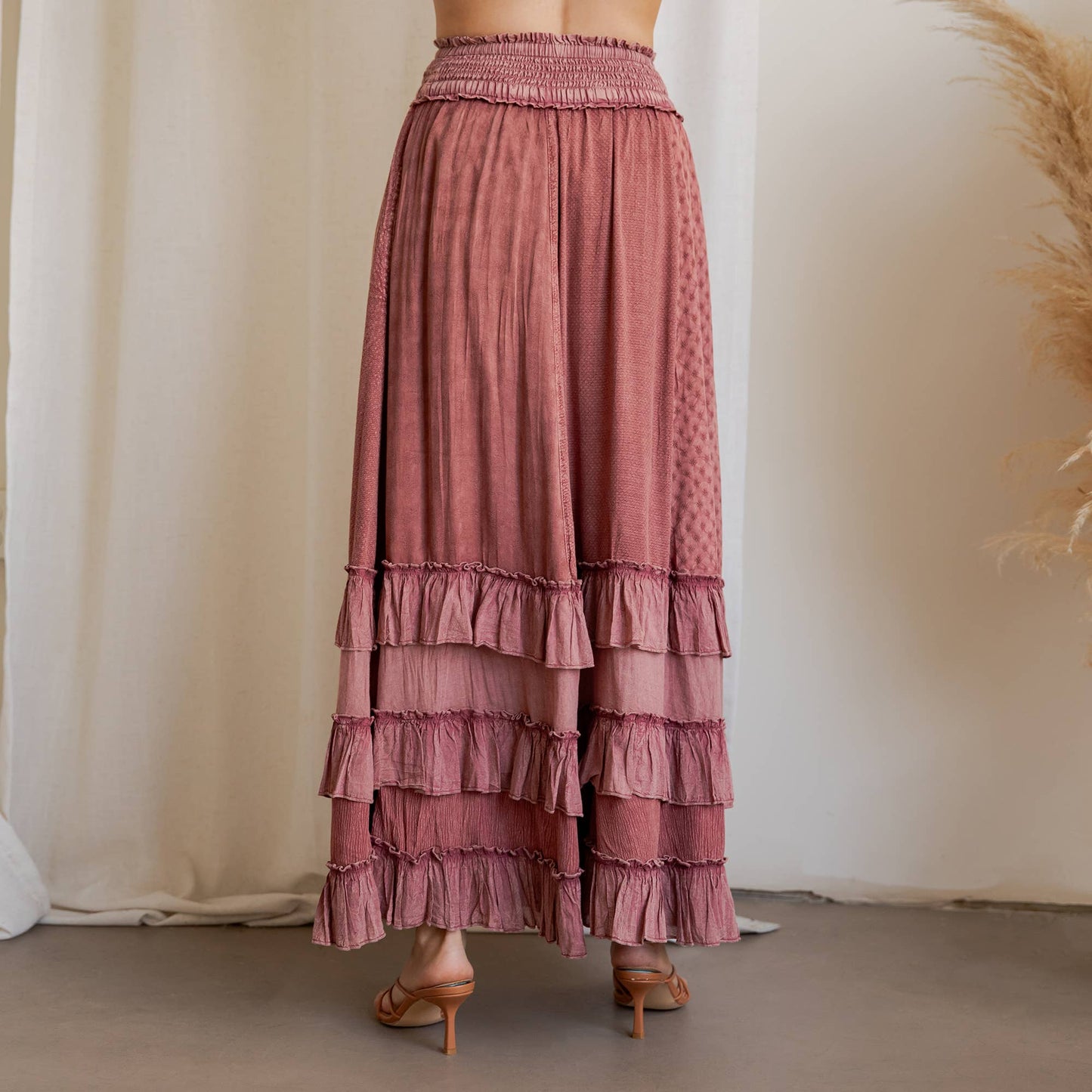 Rustic Smocked Waist Ruffled Tiered Maxi Skirt
