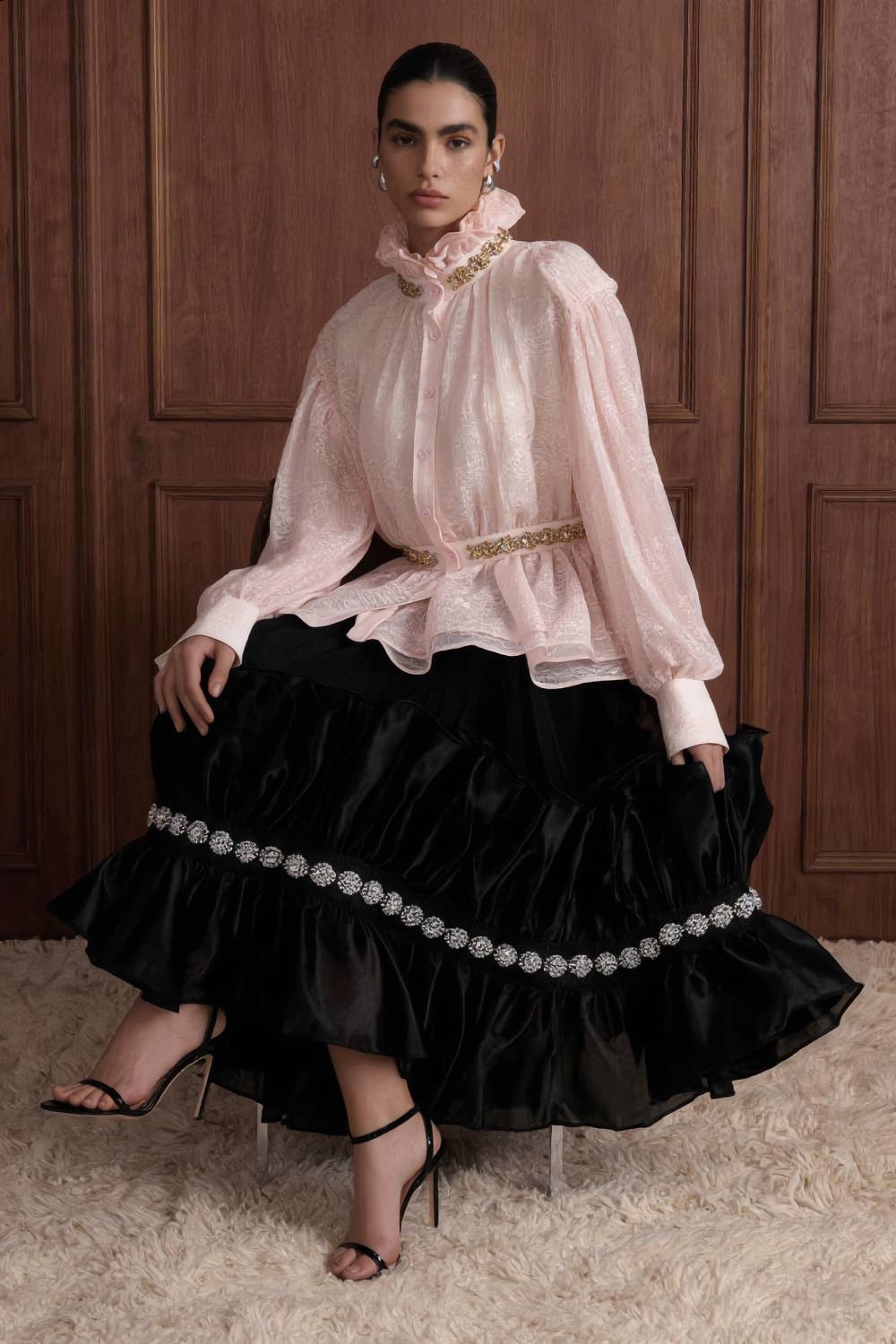 Embellished Ruffle Collar Organza Blouse