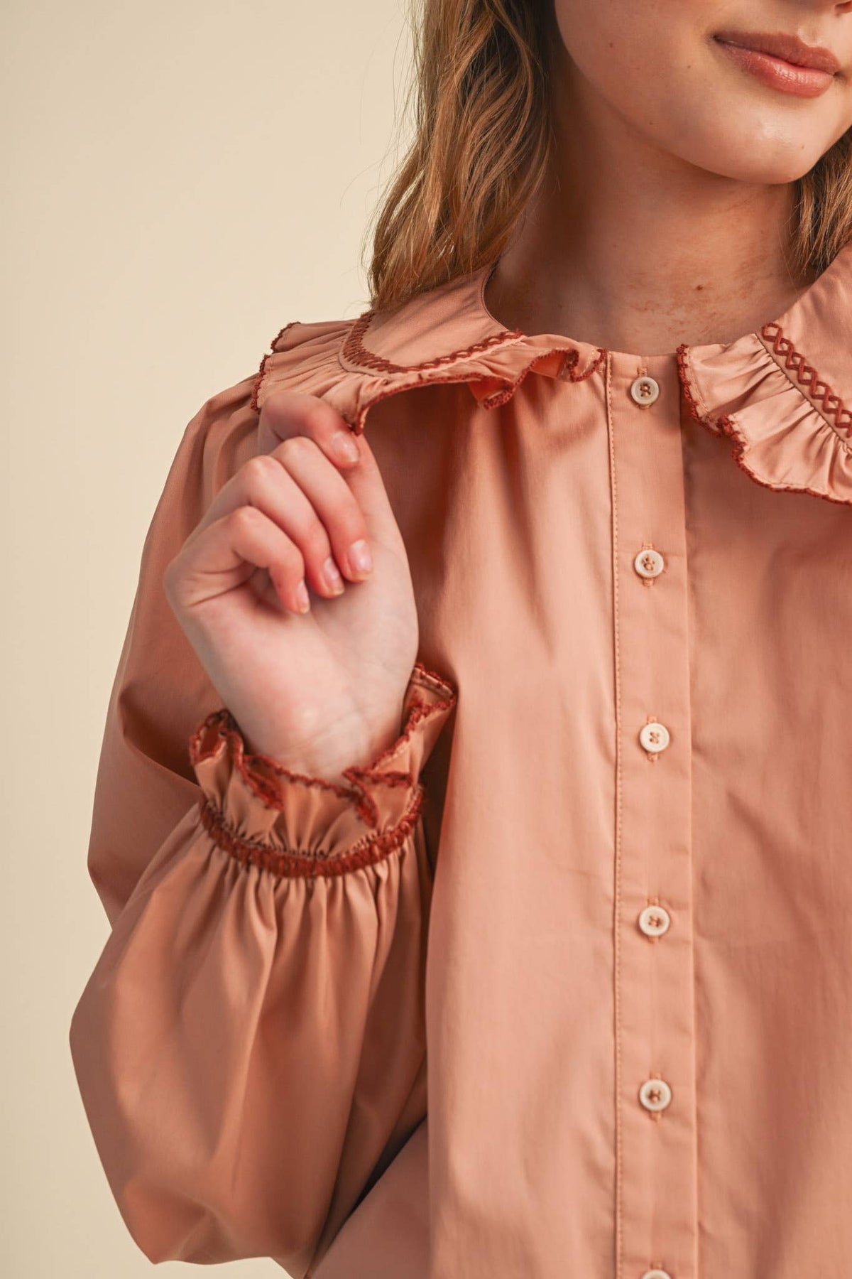 EMBROIDERED RUFFLED DOLL COLLAR BUTTON UP TOP MTP5154