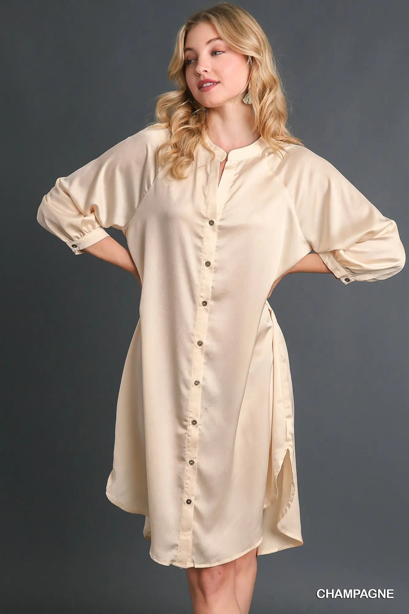 Teal Satin Button-Down Shirt Dress