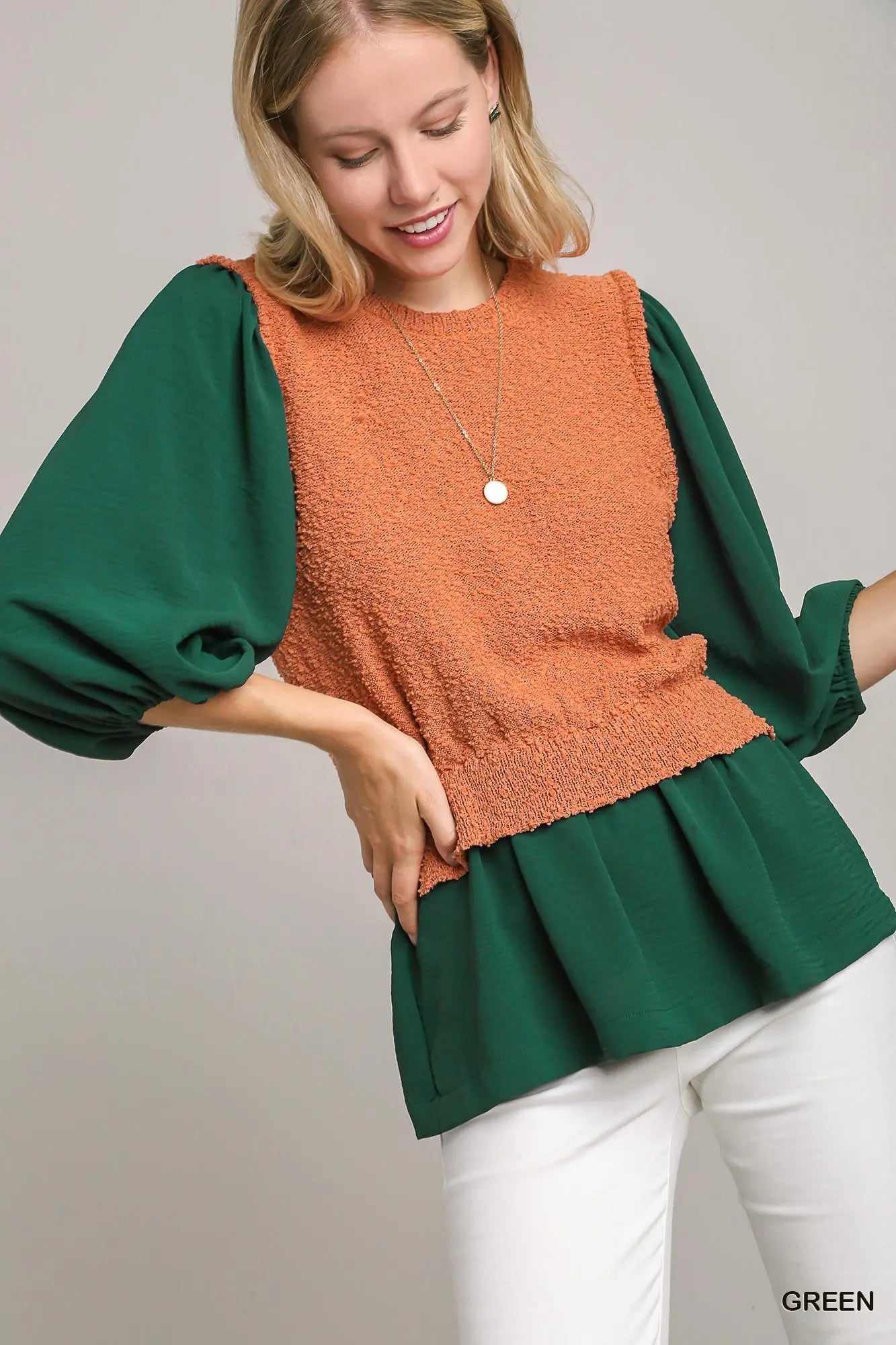 Hunter Green & Rust Smocked Peplum Top