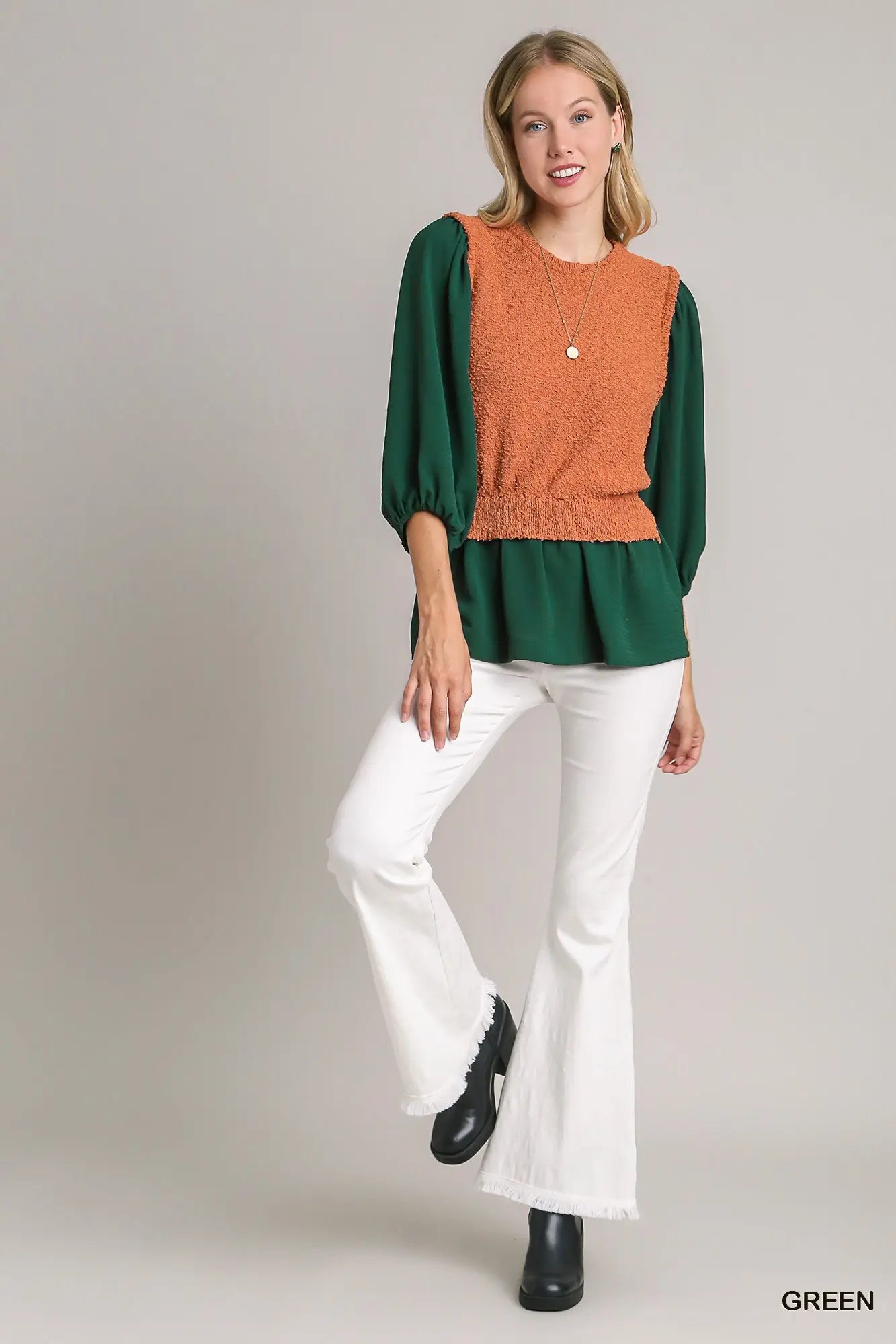 Hunter Green & Rust Smocked Peplum Top