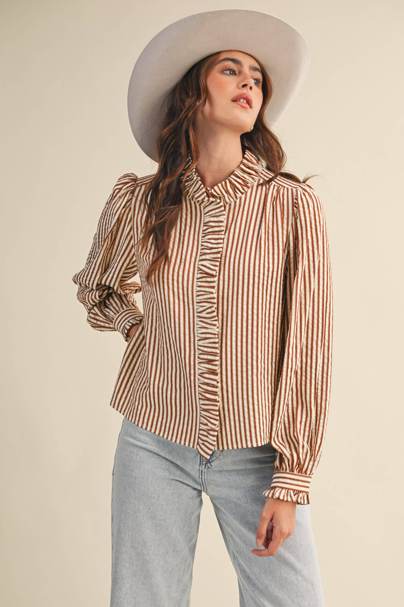 STRIPED RUFFLED BUTTON DOWN LONG SLEEVE TOP MTP4319