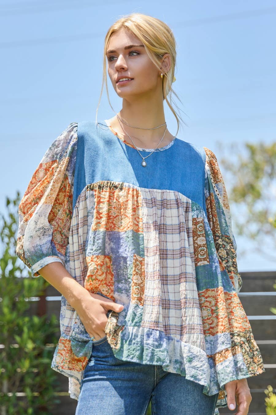 Contrast Printed 3/4 Sleeve Blouse