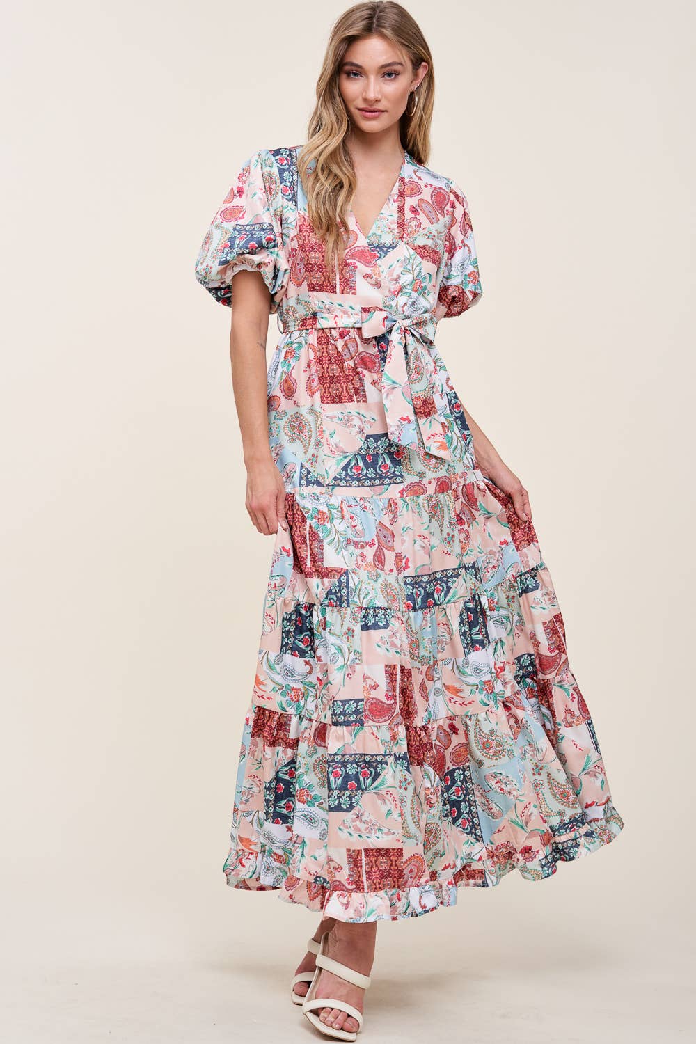 PRINTED V NECK DRESS WITH SELF TIE BOW