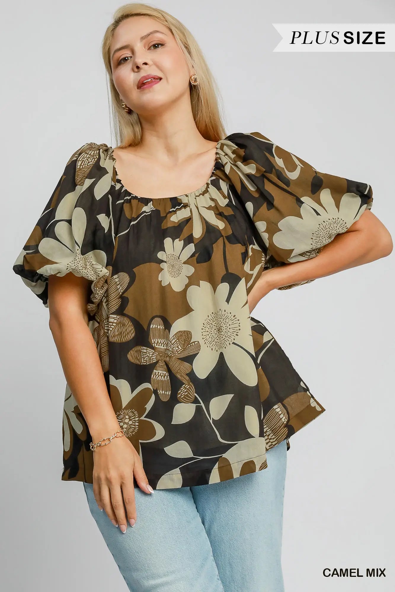 Round Neck Print Top Floral Camel Mix