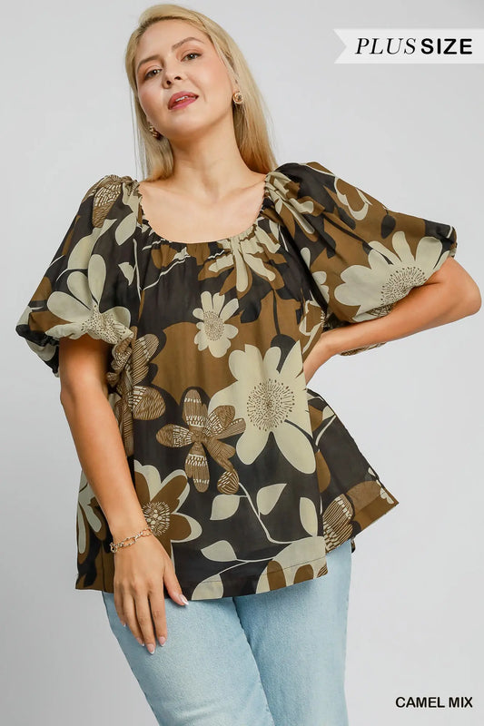 Round Neck Print Top Floral Camel Mix
