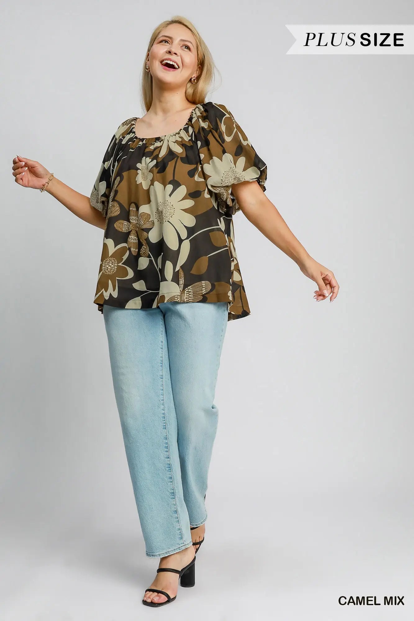 Round Neck Print Top Floral Camel Mix