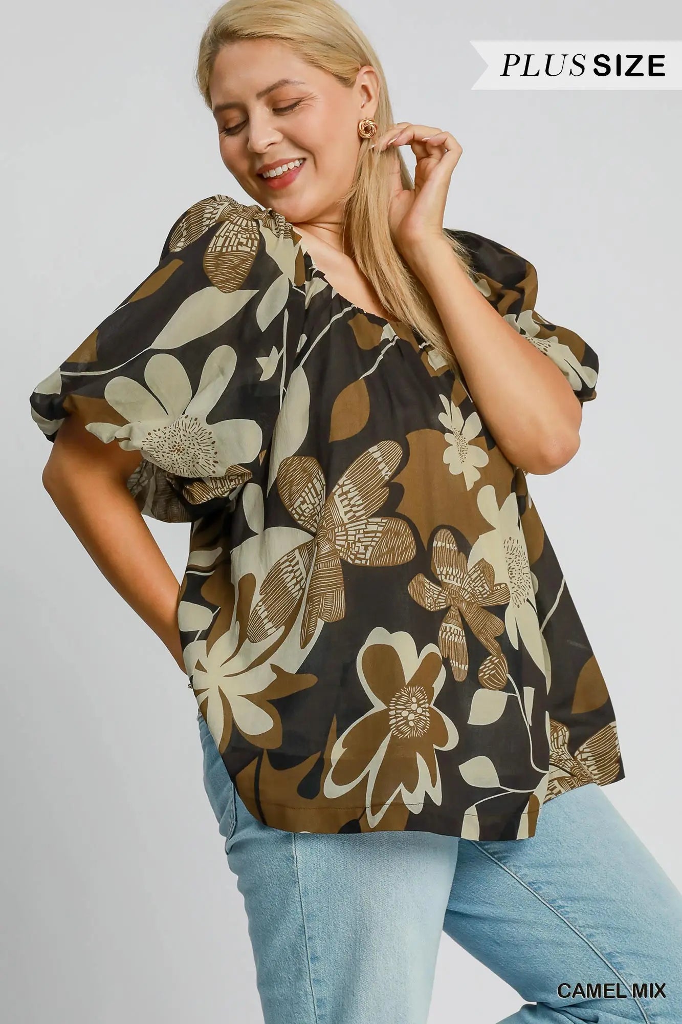 Round Neck Print Top Floral Camel Mix