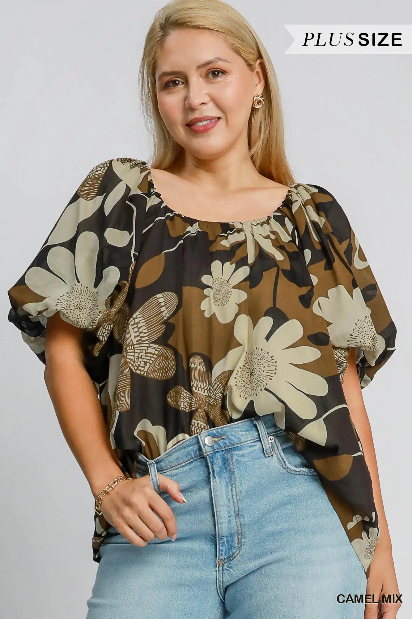 Round Neck Print Top Floral Camel Mix