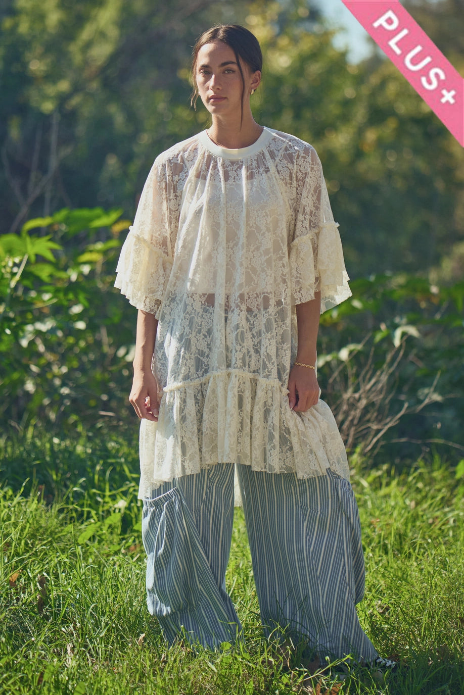 Sheered Lace Tiered Sleeve Flowy Tunic Top